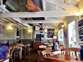 The beamed dining room